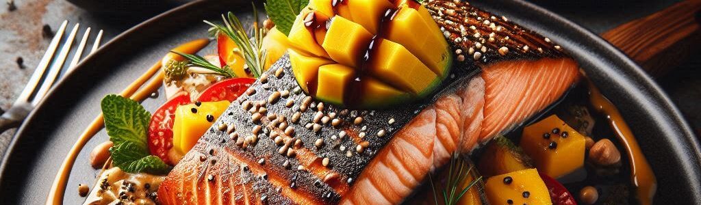 Salmón Exótico con Salsa de Mantequilla de Maní y Mango